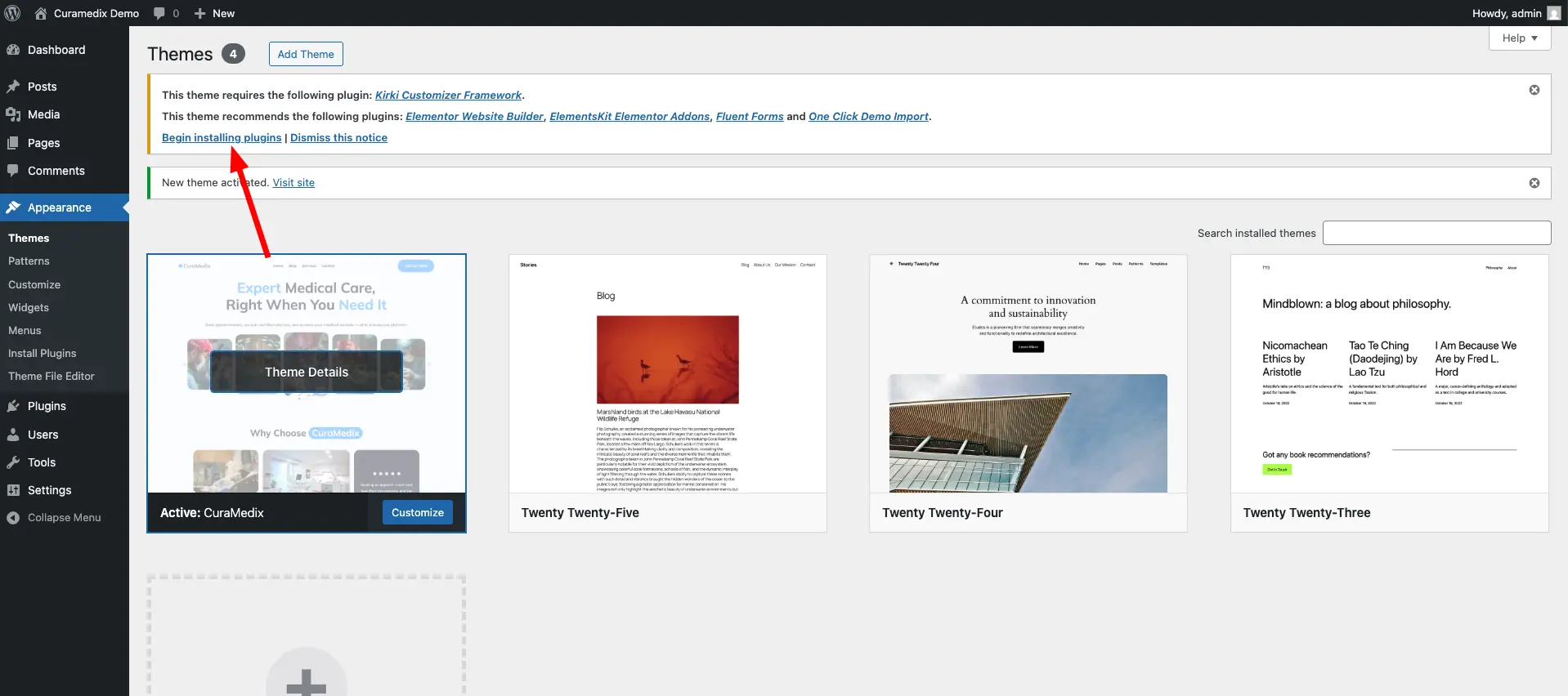 Screenshot of curamedix theme installation